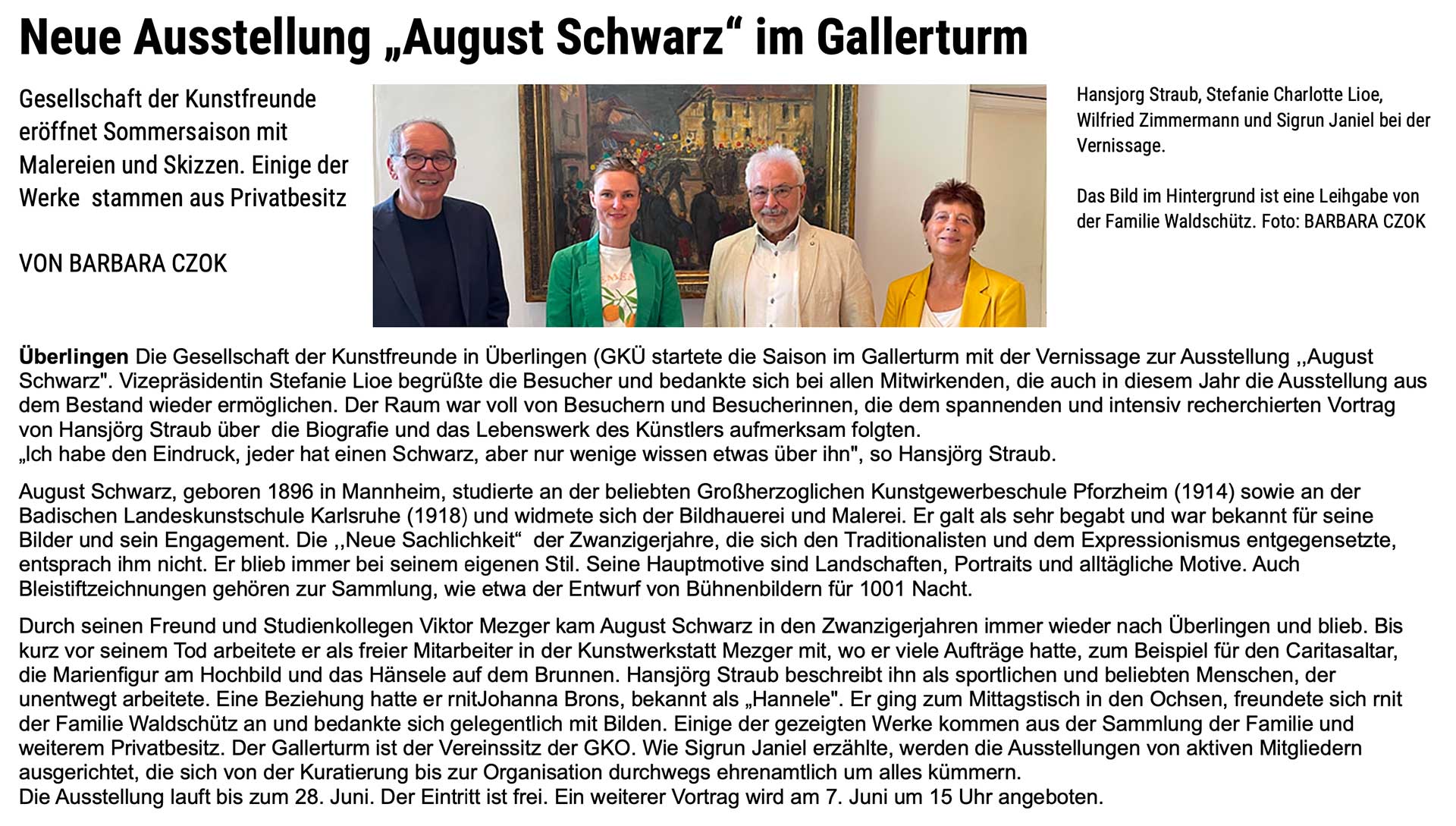 August Schwarz, Ausstellung im Gallerturm überlingen, Gesellschaft der Kunstfreunde Überlingen, Artikel Südkurier